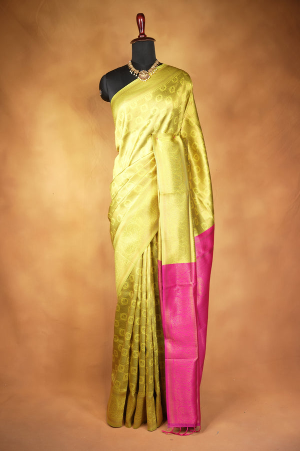 Fancy Cotton Saree | Lime Green with Magenta Pink Pallu & Paisley Weave | Festive Wear