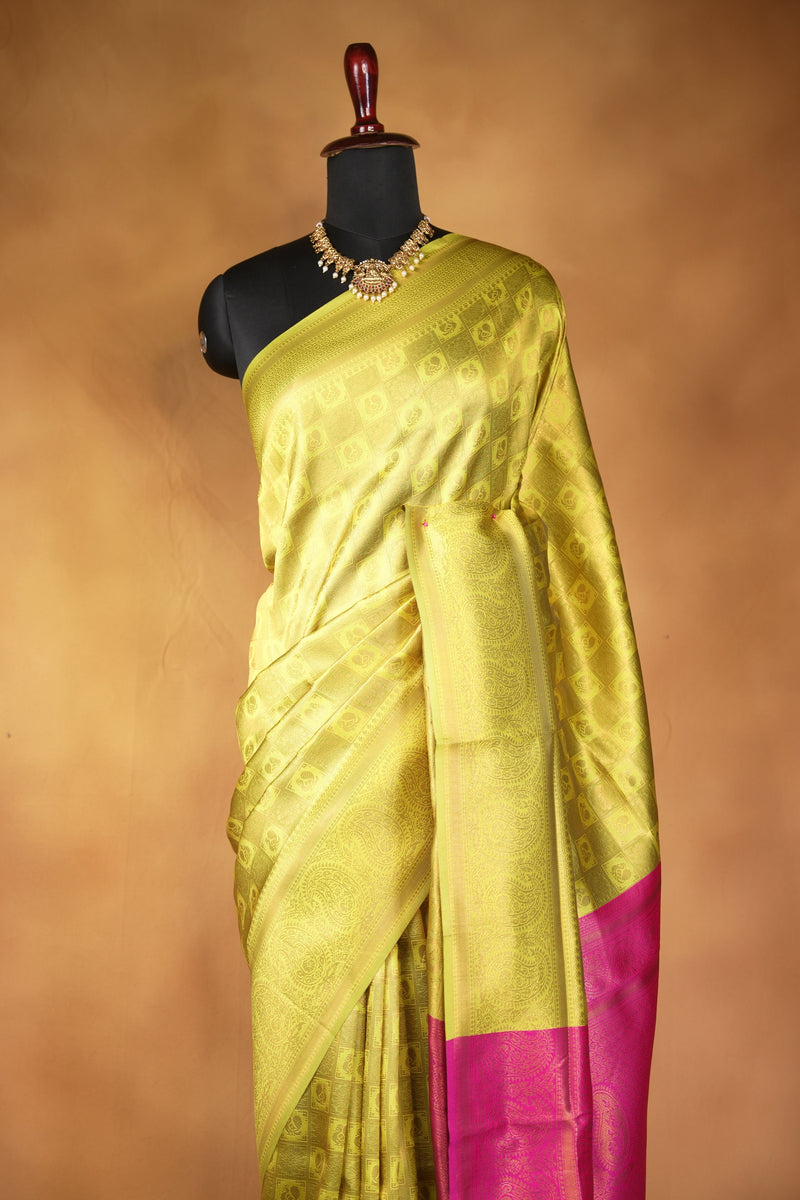 Fancy Cotton Saree | Lime Green with Magenta Pink Pallu & Paisley Weave | Festive Wear