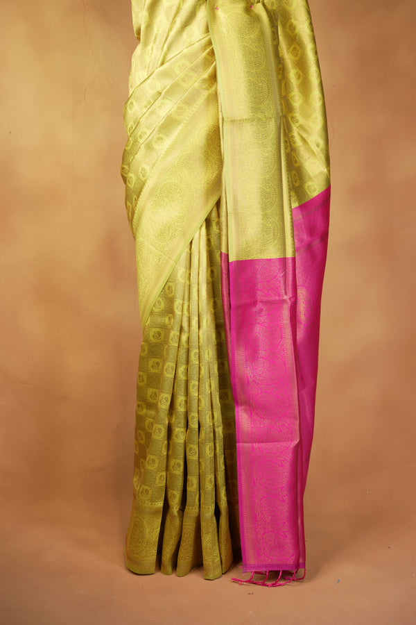 Fancy Cotton Saree | Lime Green with Magenta Pink Pallu & Paisley Weave | Festive Wear
