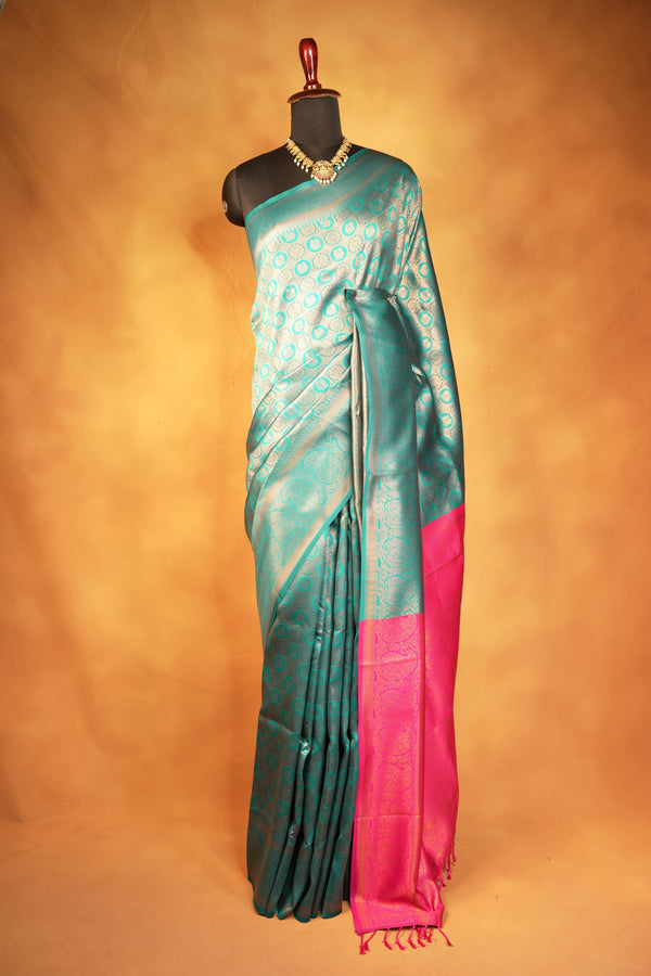 Fancy Cotton Saree | Sea Green Self-Weave with Bright Pink Paisley Pallu | Traditional Wear