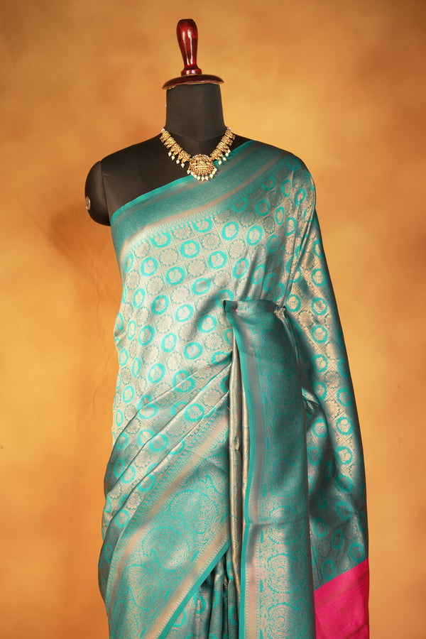 Fancy Cotton Saree | Sea Green Self-Weave with Bright Pink Paisley Pallu | Traditional Wear