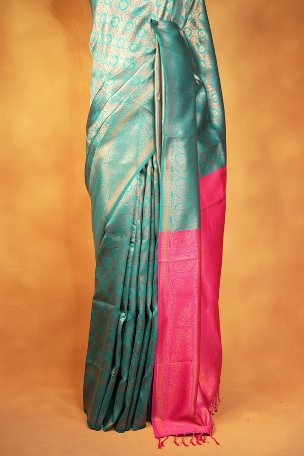 Fancy Cotton Saree | Sea Green Self-Weave with Bright Pink Paisley Pallu | Traditional Wear