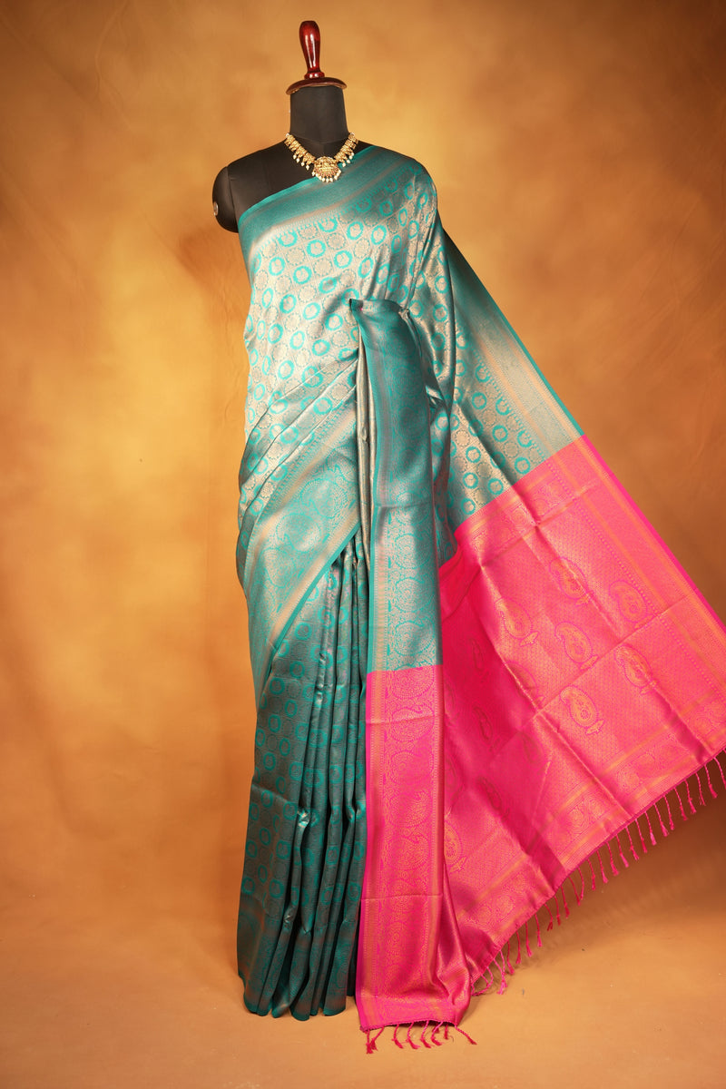 Fancy Cotton Saree | Sea Green Self-Weave with Bright Pink Paisley Pallu | Traditional Wear