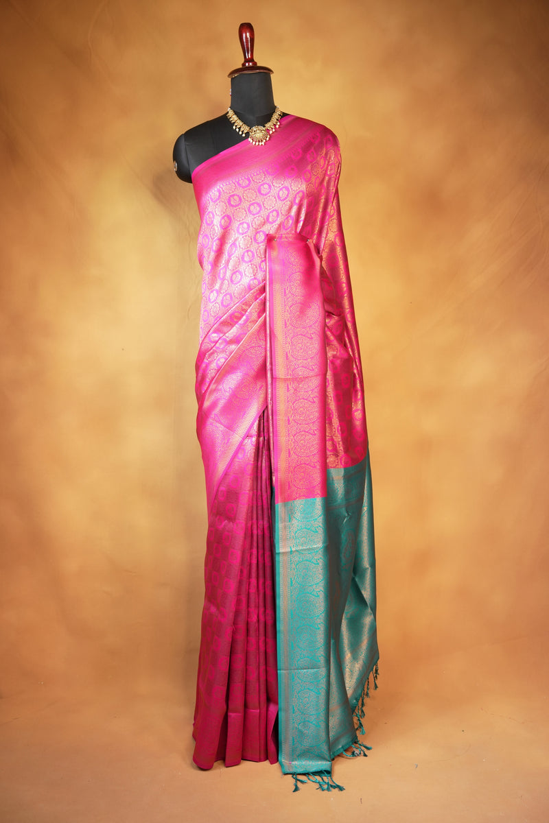 Fancy Cotton Saree | Pink with Teal Green Pallu & Checkered Golden Weave | Festive Wear