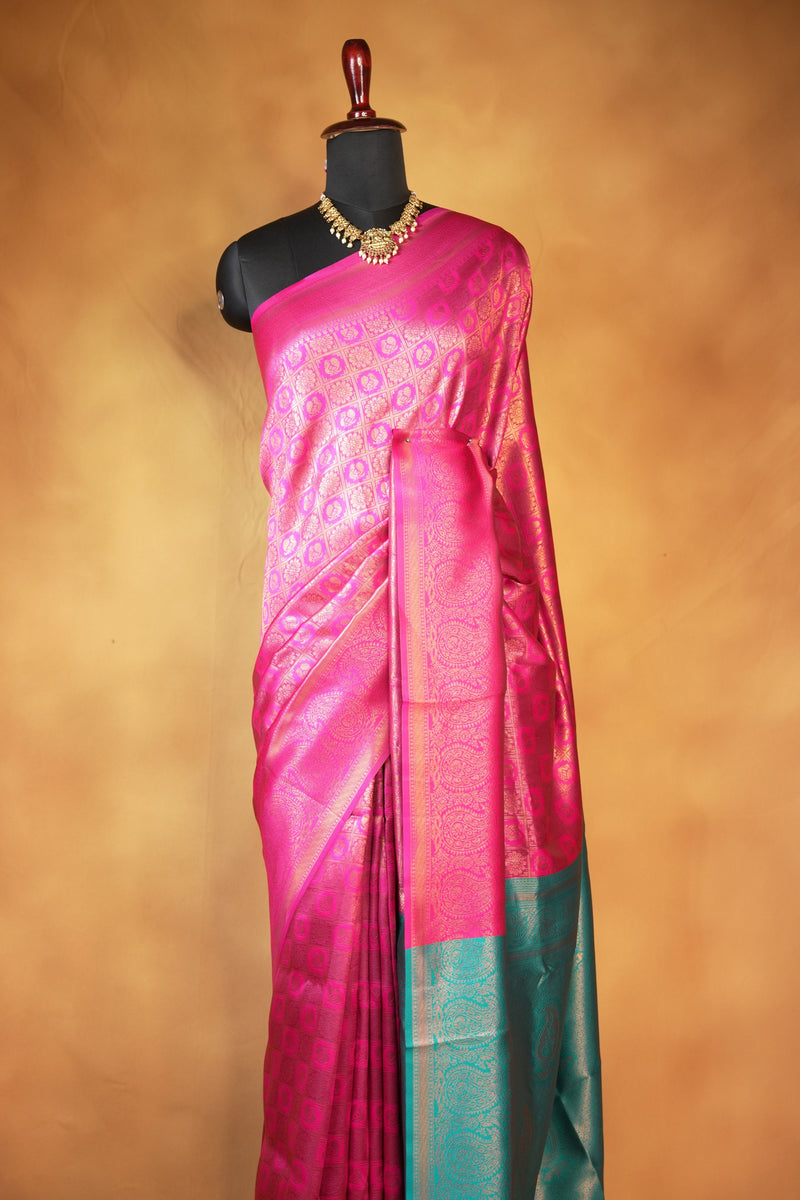 Fancy Cotton Saree | Pink with Teal Green Pallu & Checkered Golden Weave | Festive Wear