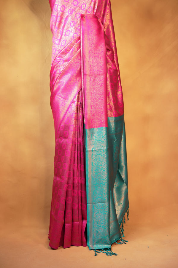Fancy Cotton Saree | Pink with Teal Green Pallu & Checkered Golden Weave | Festive Wear