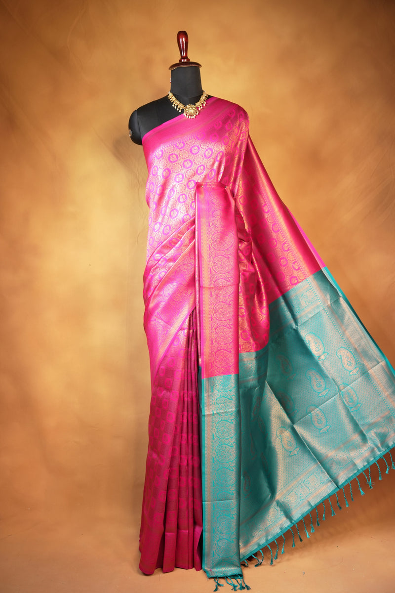 Fancy Cotton Saree | Pink with Teal Green Pallu & Checkered Golden Weave | Festive Wear