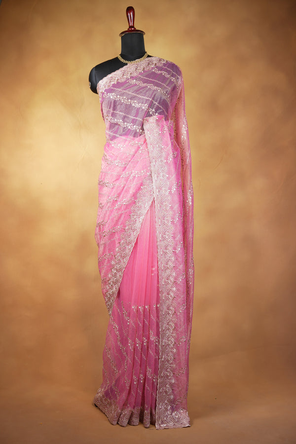 Ombre Pink Designer Saree | Sequin Work with Scalloped Embroidered Border | Wedding Reception