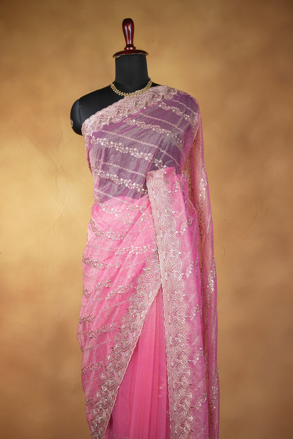 Ombre Pink Designer Saree | Sequin Work with Scalloped Embroidered Border | Wedding Reception