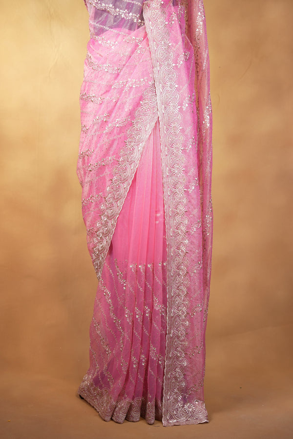 Ombre Pink Designer Saree | Sequin Work with Scalloped Embroidered Border | Wedding Reception