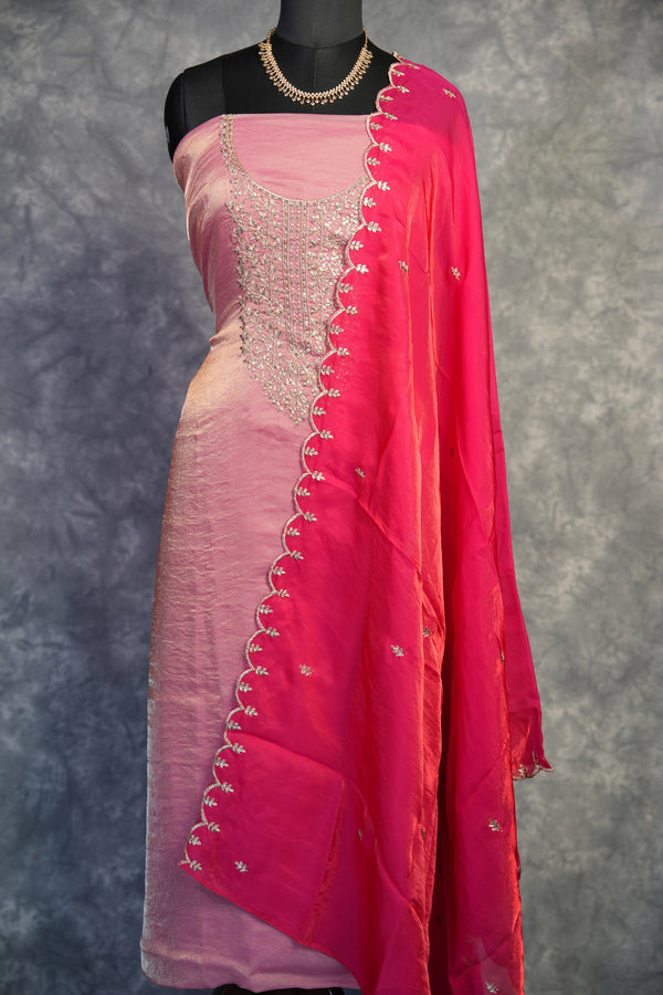 Rose Pink Chudi Material Set | Space Silk | Festive & Casual Wear with Scallop Dupatta
