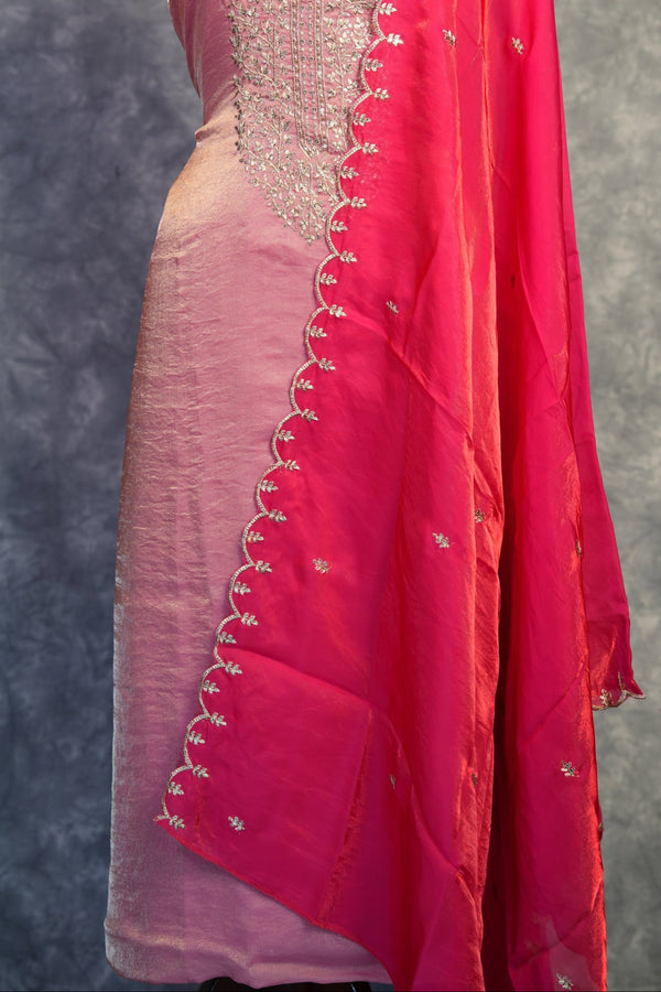 Rose Pink Chudi Material Set | Space Silk | Festive & Casual Wear with Scallop Dupatta