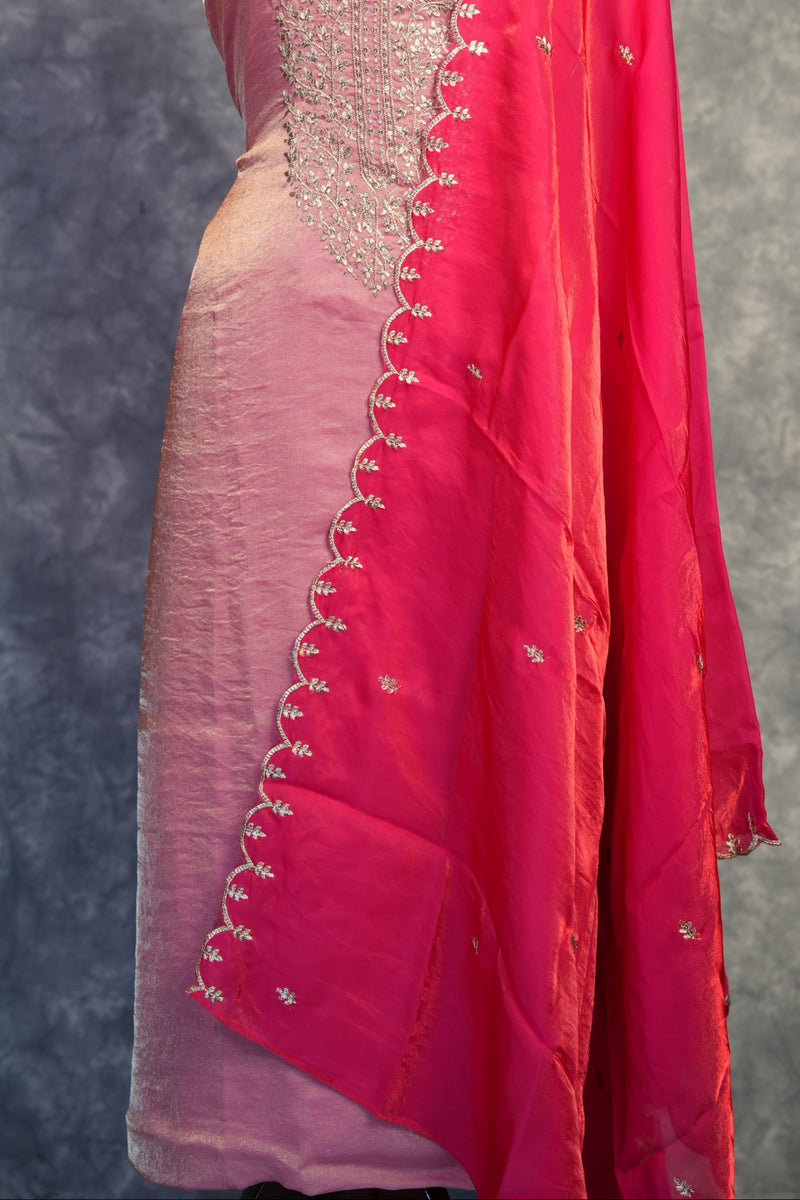 Rose Pink Chudi Material Set | Space Silk | Festive & Casual Wear with Scallop Dupatta