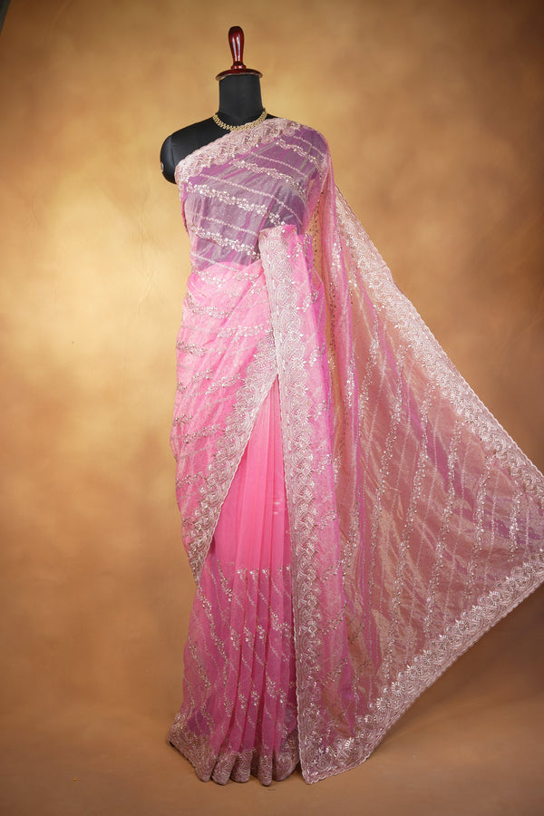 Ombre Pink Designer Saree | Sequin Work with Scalloped Embroidered Border | Wedding Reception