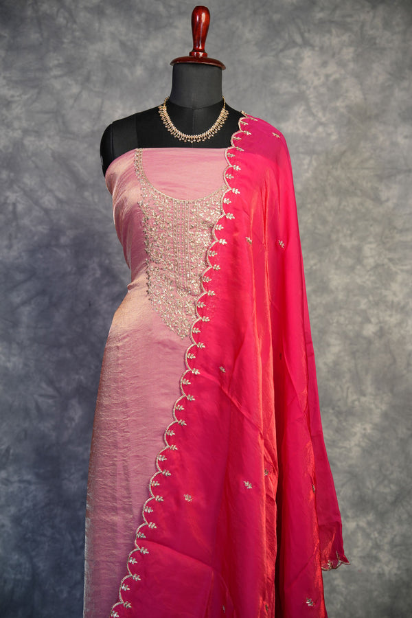 Rose Pink Chudi Material Set | Space Silk | Festive & Casual Wear with Scallop Dupatta