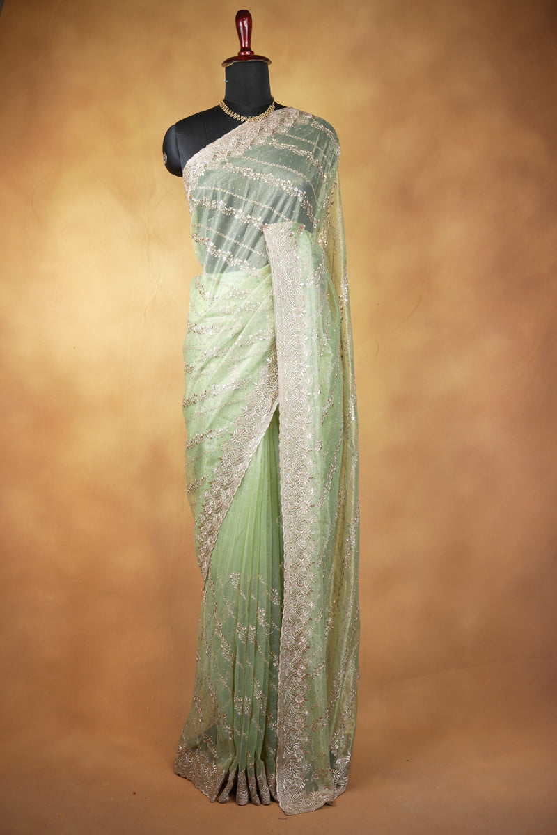 Designer Twill Net Saree | Sage Green with Sequin Embroidery & Scalloped Border | Party Wear