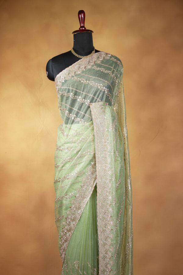 Designer Twill Net Saree | Sage Green with Sequin Embroidery & Scalloped Border | Party Wear