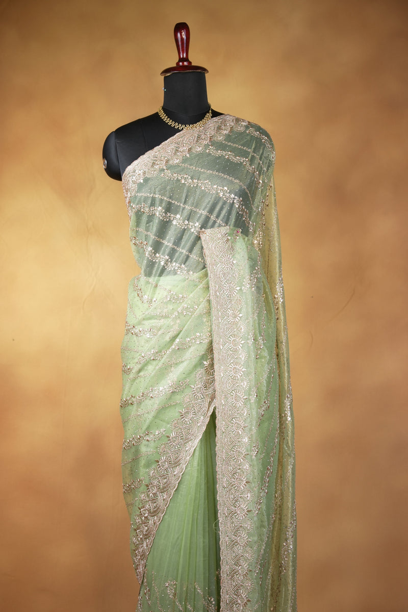 Designer Twill Net Saree | Sage Green with Sequin Embroidery & Scalloped Border | Party Wear