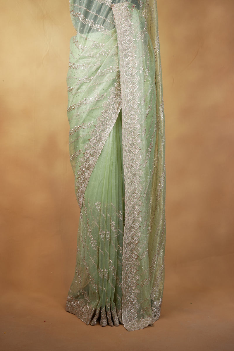 Designer Twill Net Saree | Sage Green with Sequin Embroidery & Scalloped Border | Party Wear