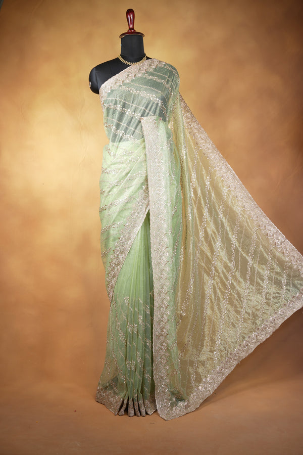 Designer Twill Net Saree | Sage Green with Sequin Embroidery & Scalloped Border | Party Wear
