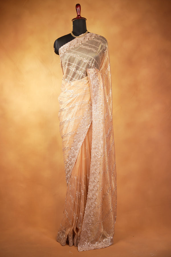 Gold Designer Saree | Diagonal Sequin Work with Heavy Embroidered Border | Wedding Reception