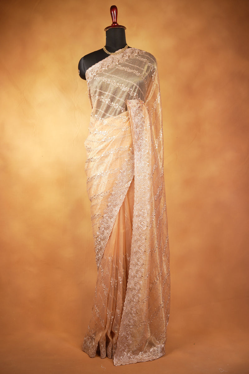 Gold Designer Saree | Diagonal Sequin Work with Heavy Embroidered Border | Wedding Reception