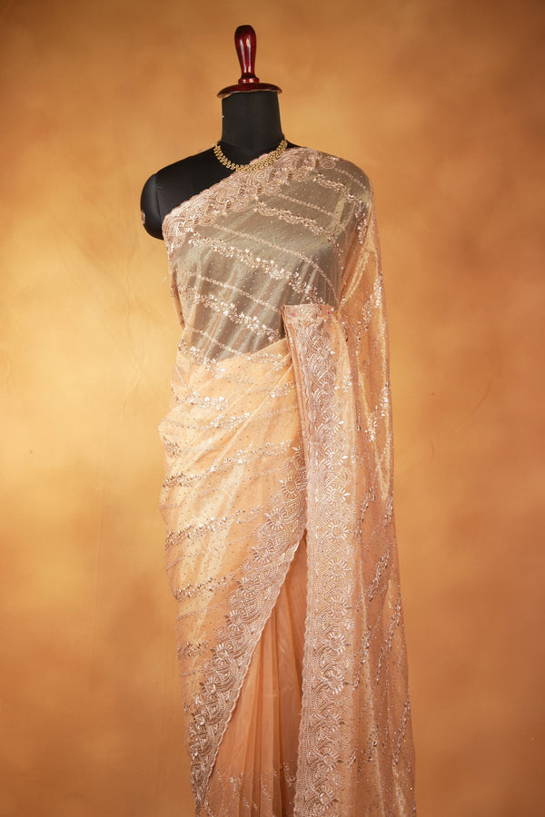 Gold Designer Saree | Diagonal Sequin Work with Heavy Embroidered Border | Wedding Reception