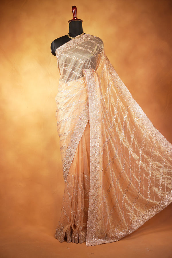 Gold Designer Saree | Diagonal Sequin Work with Heavy Embroidered Border | Wedding Reception