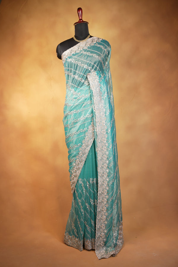 Designer Twill Net Saree | Teal Green with Silver Sequin Embroidery & Scalloped Border | Party Wear