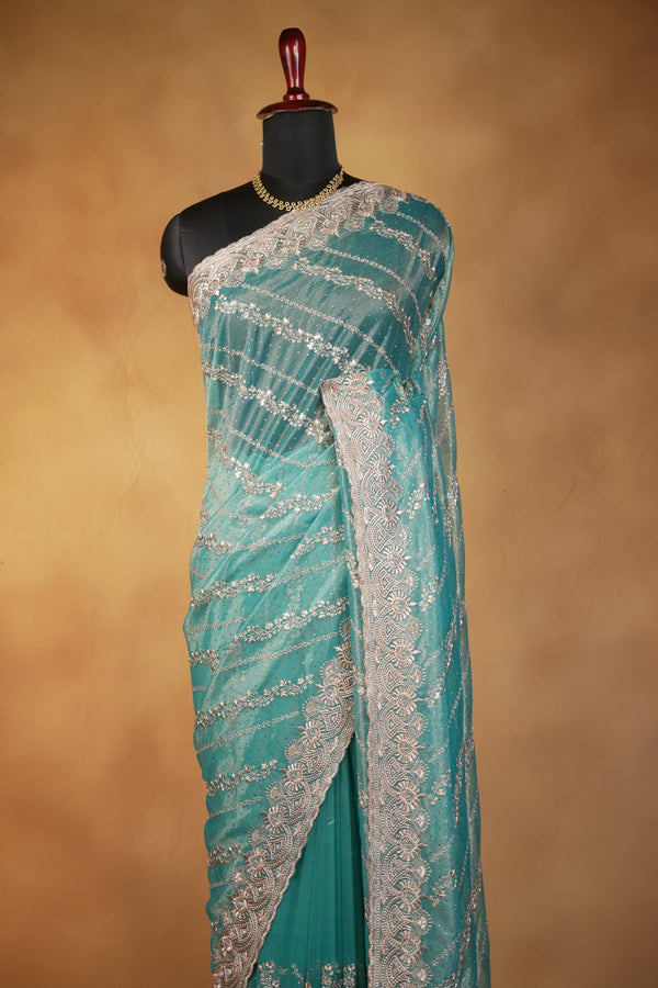 Designer Twill Net Saree | Teal Green with Silver Sequin Embroidery & Scalloped Border | Party Wear