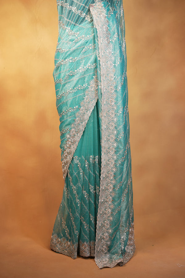 Designer Twill Net Saree | Teal Green with Silver Sequin Embroidery & Scalloped Border | Party Wear
