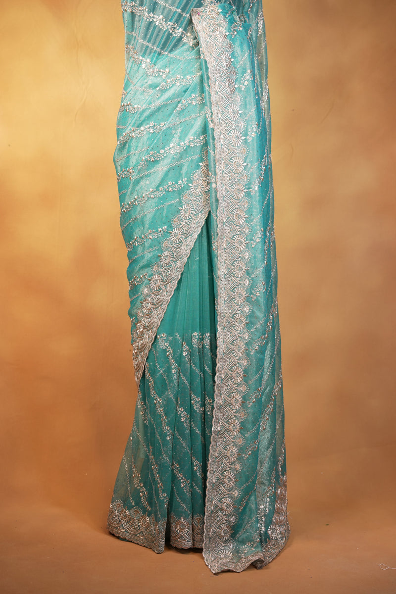 Designer Twill Net Saree | Teal Green with Silver Sequin Embroidery & Scalloped Border | Party Wear