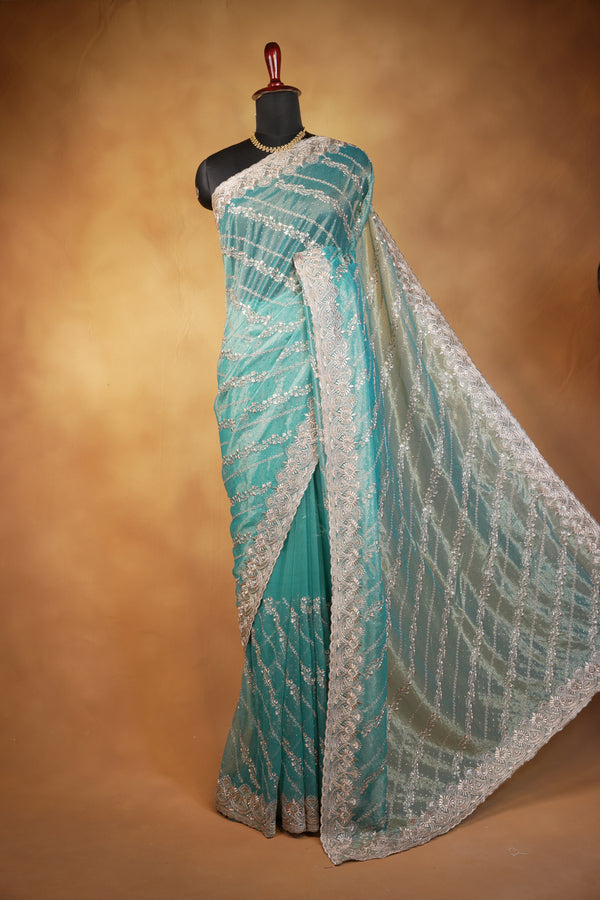 Designer Twill Net Saree | Teal Green with Silver Sequin Embroidery & Scalloped Border | Party Wear