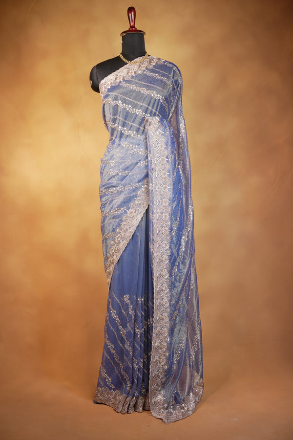 Blue Designer Saree | Twill Net Embroidered Saree for Wedding & Reception