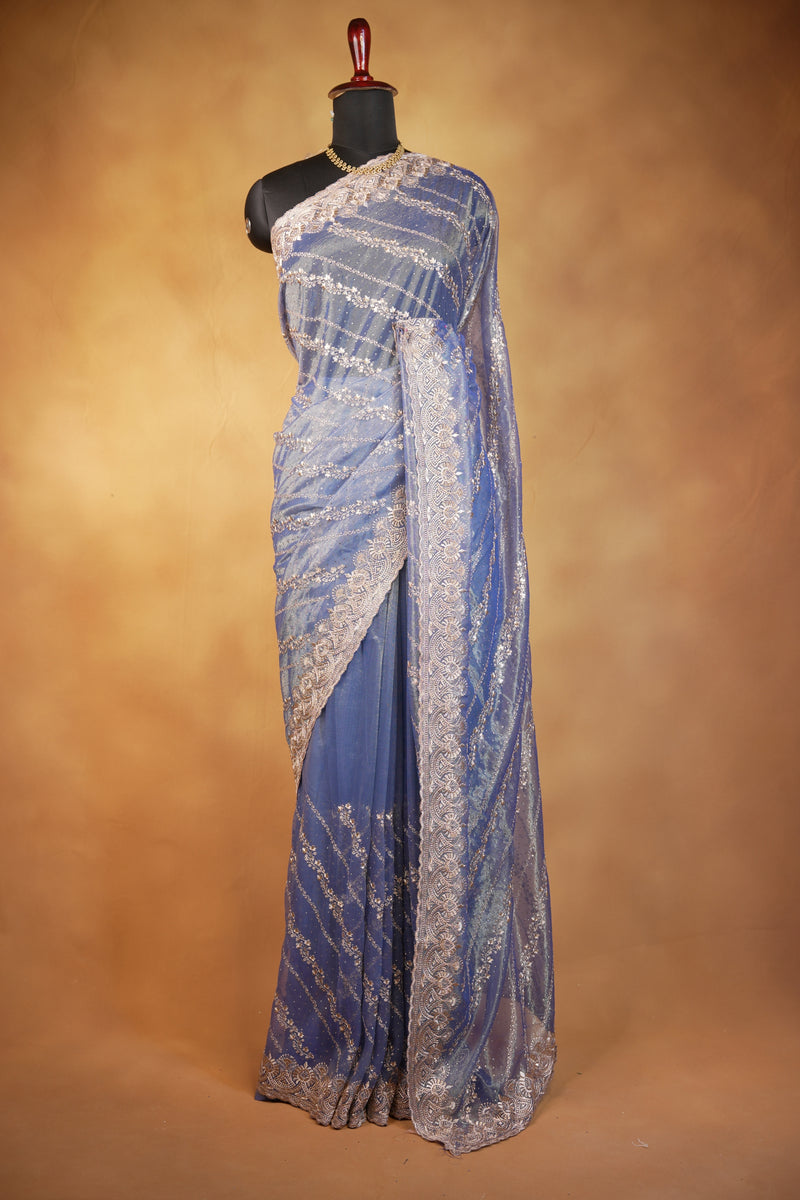 Blue Designer Saree | Twill Net Embroidered Saree for Wedding & Reception