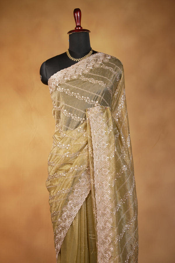Yellow Designer Saree | Twill Net Embroidered Saree for Wedding & Reception