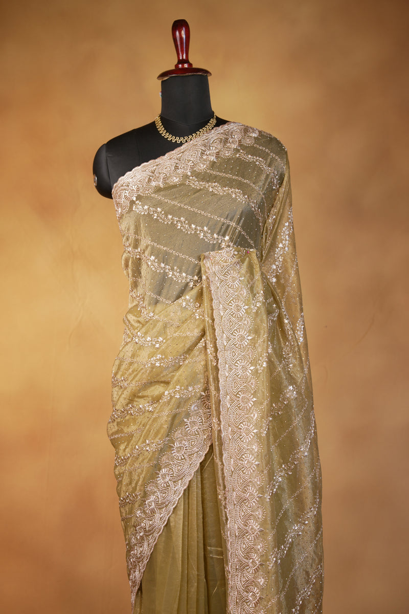 Yellow Designer Saree | Twill Net Embroidered Saree for Wedding & Reception
