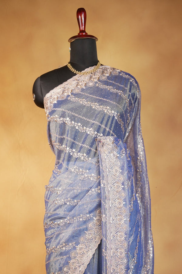 Blue Designer Saree | Twill Net Embroidered Saree for Wedding & Reception