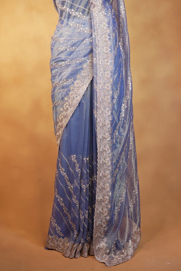 Blue Designer Saree | Twill Net Embroidered Saree for Wedding & Reception