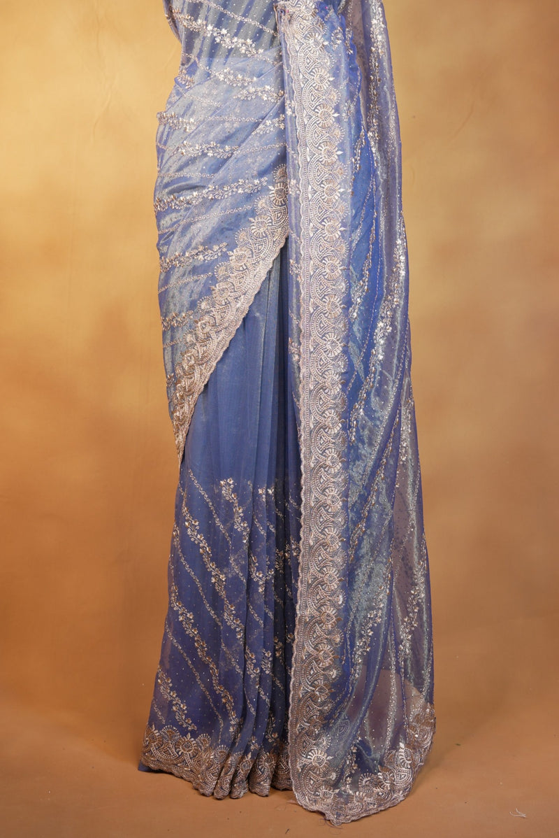 Blue Designer Saree | Twill Net Embroidered Saree for Wedding & Reception