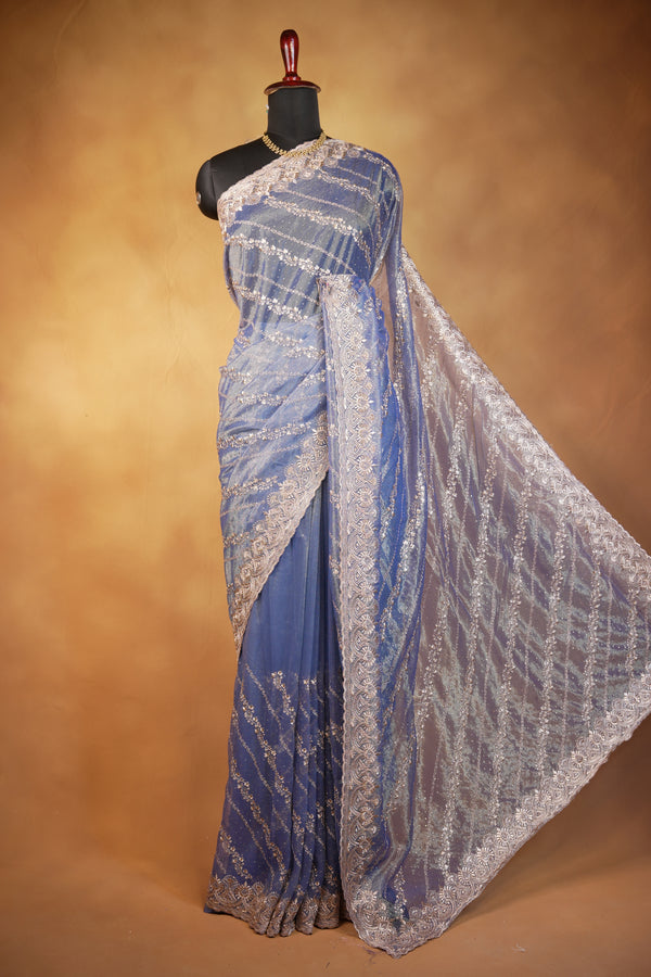 Blue Designer Saree | Twill Net Embroidered Saree for Wedding & Reception