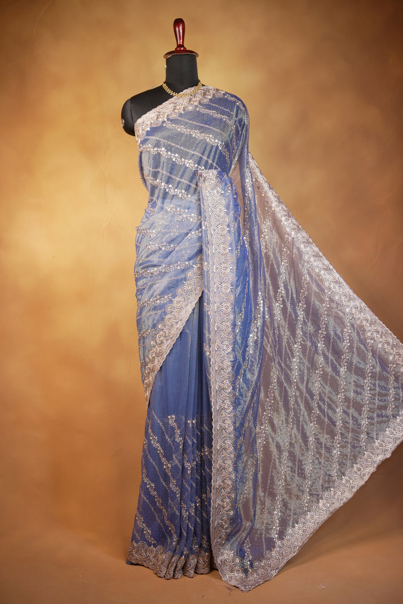 Blue Designer Saree | Twill Net Embroidered Saree for Wedding & Reception