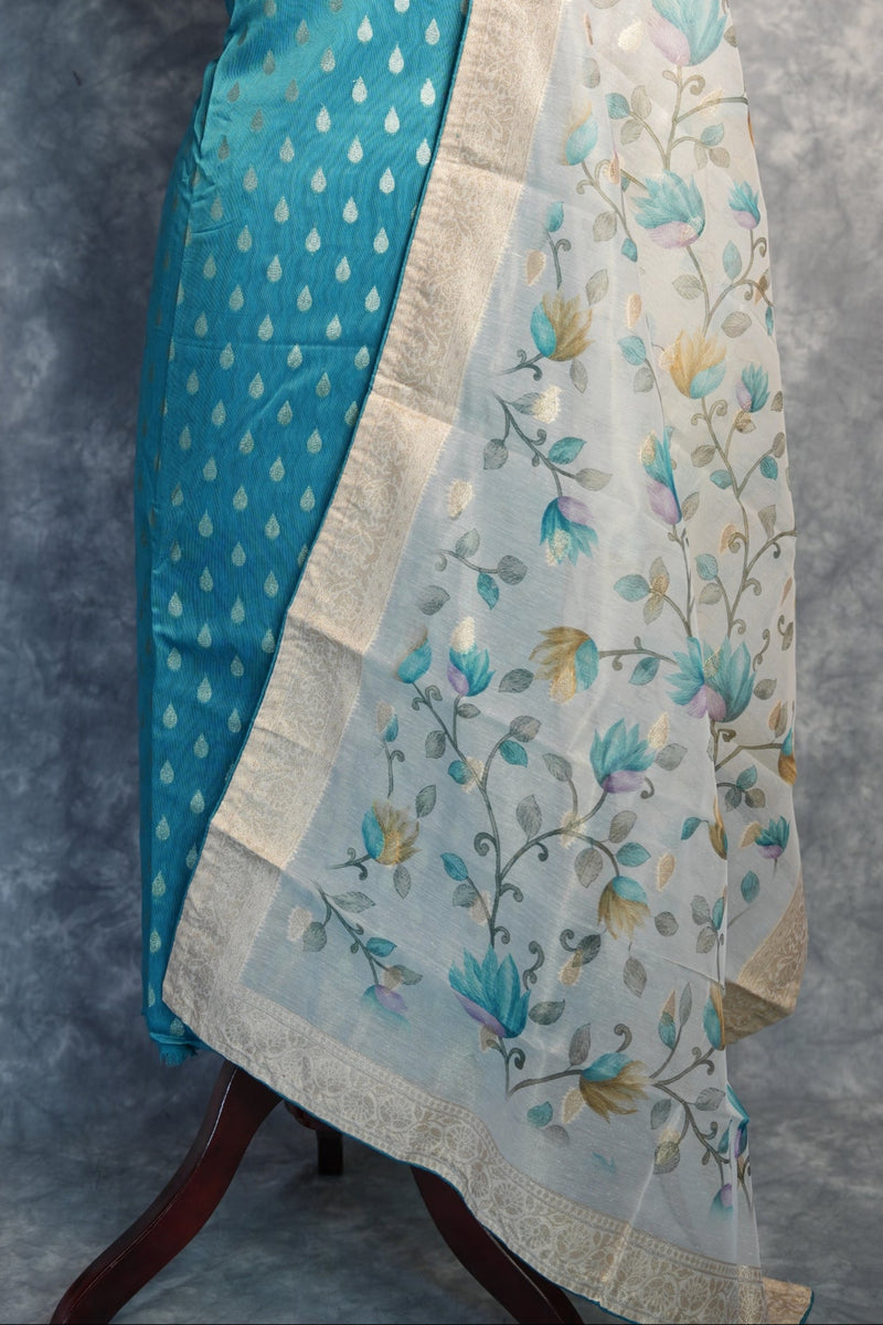 Aqua Blue Chudi Material Set | Tissue Fabric Floral Design | Festive & Stylish Wear