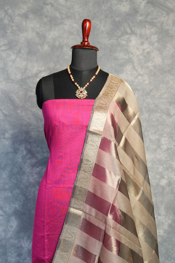 Pink Gold Chudi Material Set | Silk Fabric Gold Zari Border | Festive & Party Wear