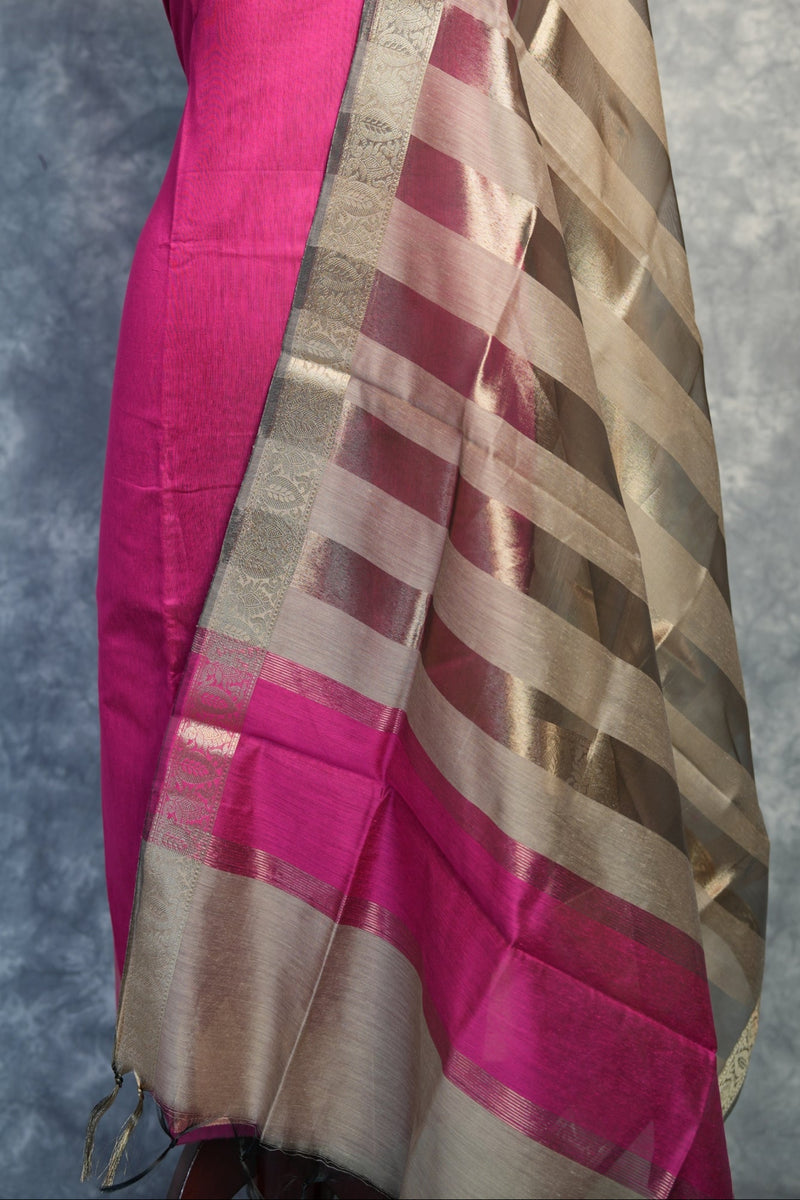 Pink Gold Chudi Material Set | Silk Fabric Gold Zari Border | Festive & Party Wear