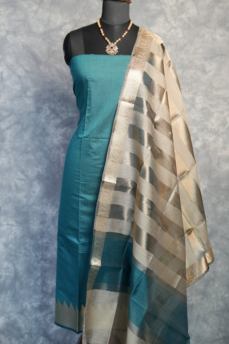 Teal Gold Chudi Material Set | Silk Fabric Gold Zari Border | Festive & Occasion Wear