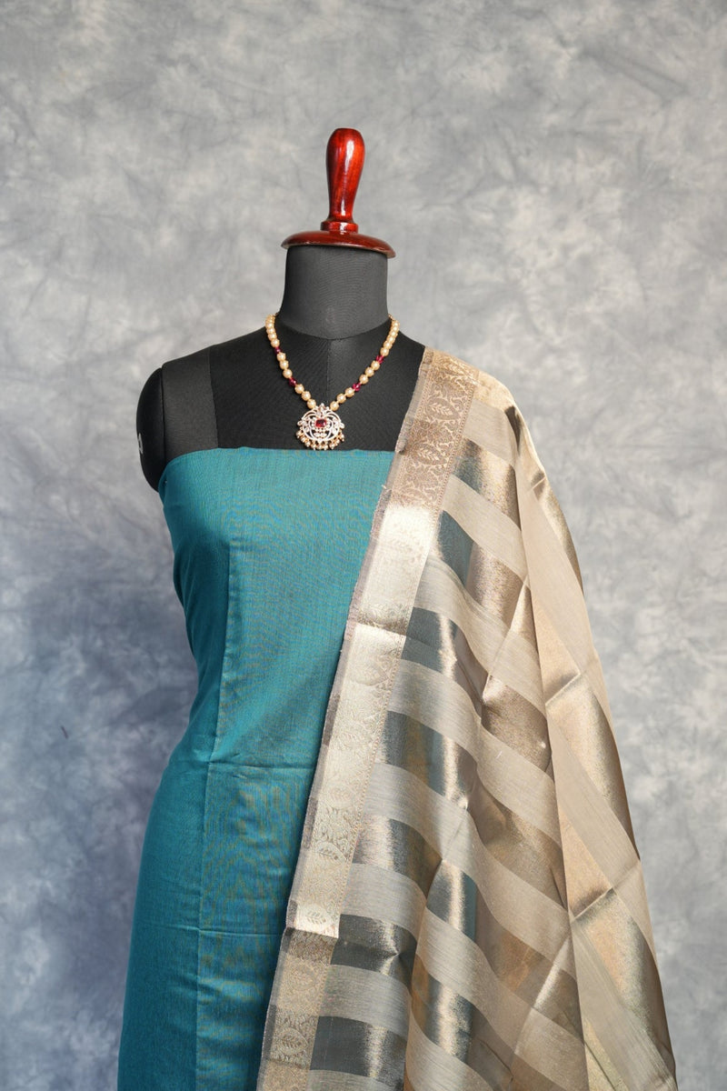 Teal Gold Chudi Material Set | Silk Fabric Gold Zari Border | Festive & Occasion Wear