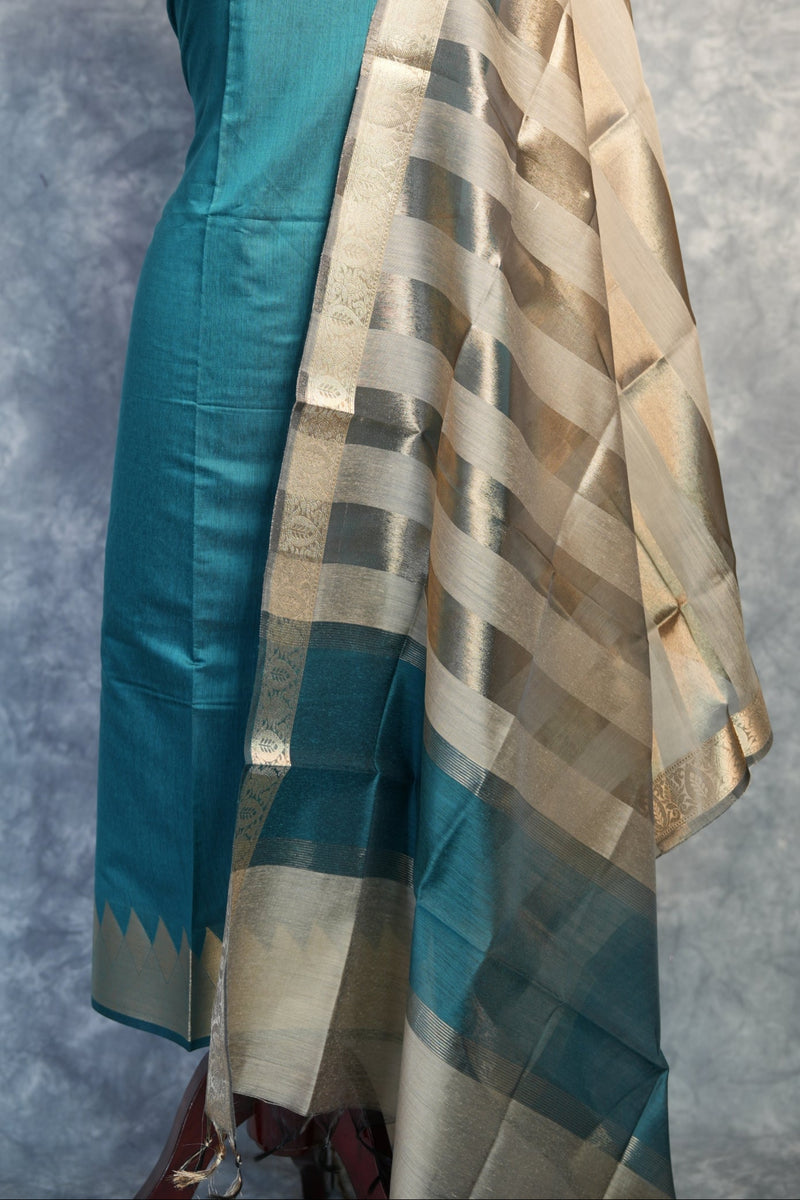 Teal Gold Chudi Material Set | Silk Fabric Gold Zari Border | Festive & Occasion Wear
