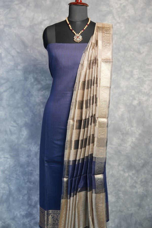 Navy Blue Chudi Material Set | Silk Fabric Gold Zari Border | Festive & Casual Wear