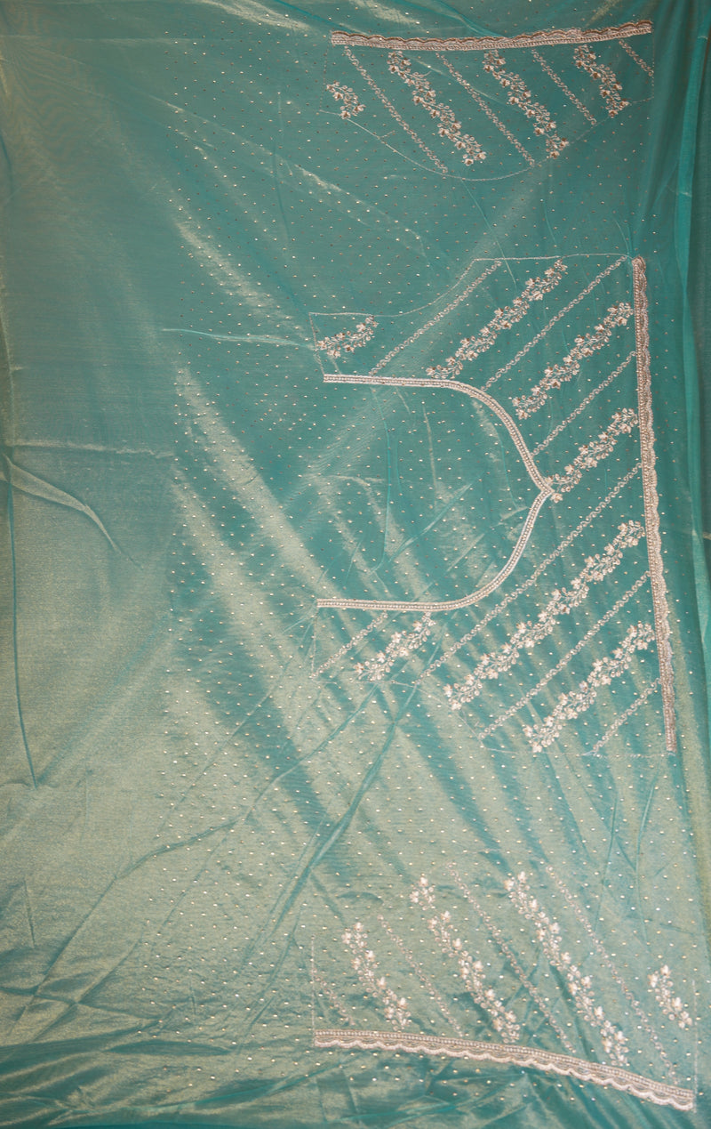 Designer Twill Net Saree | Teal Green with Silver Sequin Embroidery & Scalloped Border | Party Wear